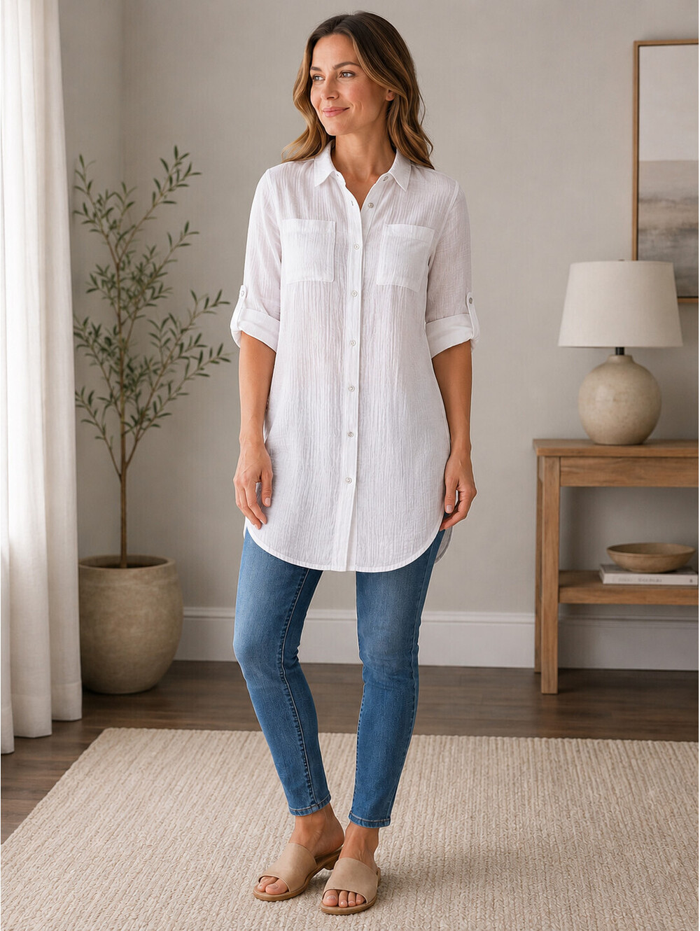 Magaschoni Organic Cotton Gauze Tunic Shirt Womens M White Roll Tab Coastal Boho